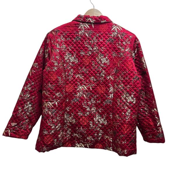 VTG KAKTUS Quilted Floral Red Gold Blk Silk Rayon Jacket 1X Lined Button Front - Picture 2 of 6